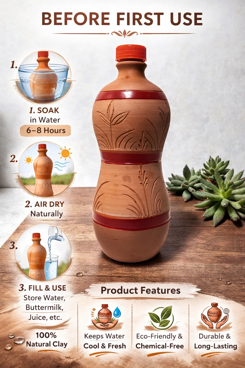 AUTHETIC NATURAL CLAY DRINKNG WATER BOTTLE 1 L