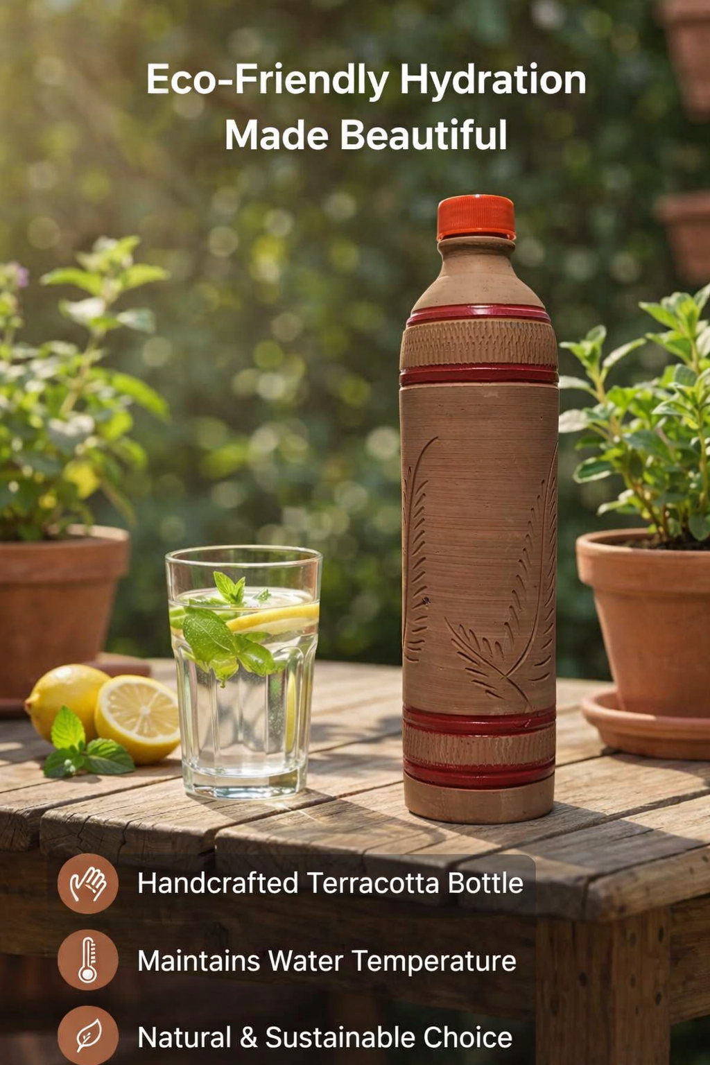 Eco-Friendly Water Bottle Crafted from Pure Natural Clay 900ml