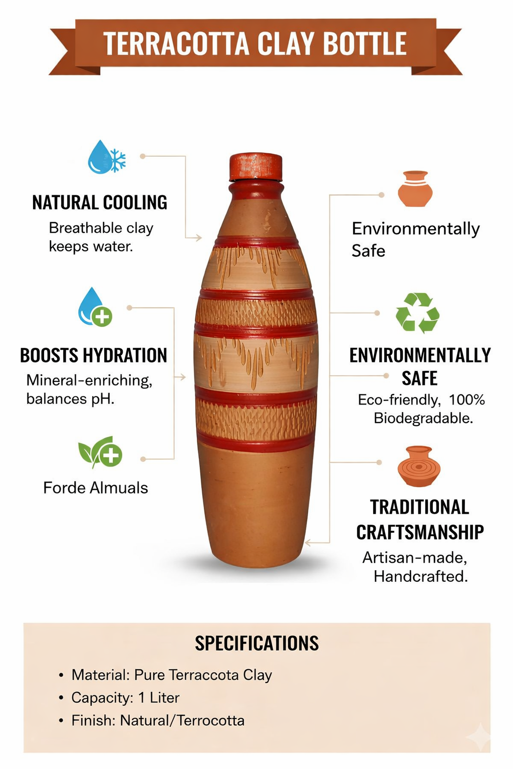 CLAY TERACOTTA WATER BOTTLE 1 L